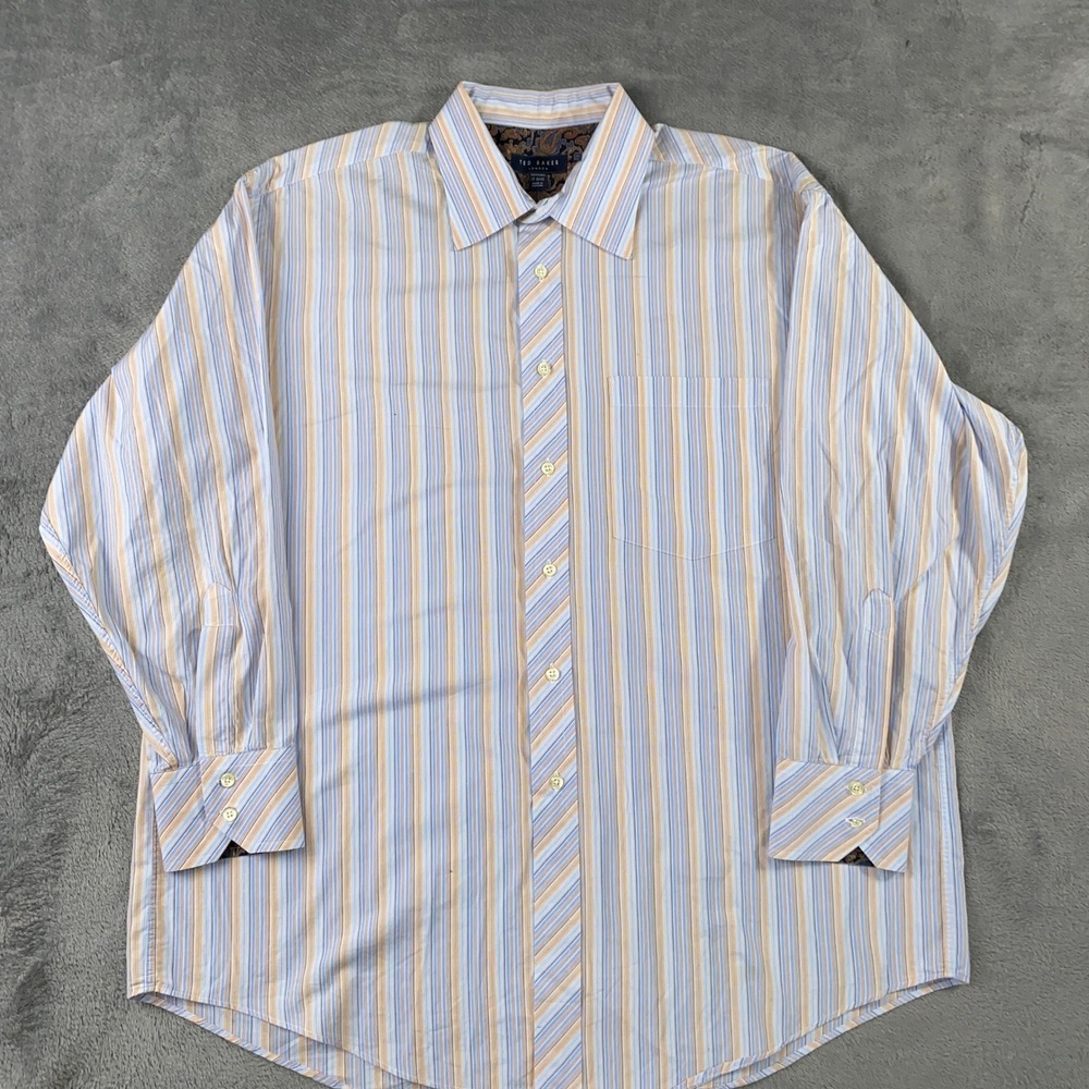 Ted Baker Button Down Mens 17 32/33 Blue Orange Striped Paisley Trim Canada